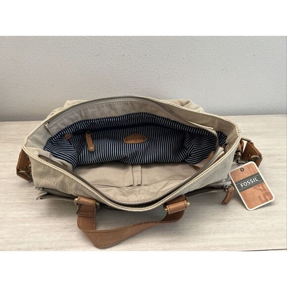 Fossil Workman CVS Canvas Utility Tote/Bag Large New Beige Brown Leather - Picture 11 of 16